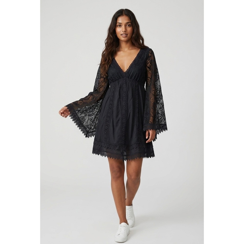 Free People Black Lace Bell Sleeve Dress Embroidered Cotton Mini XS Vintage 2010